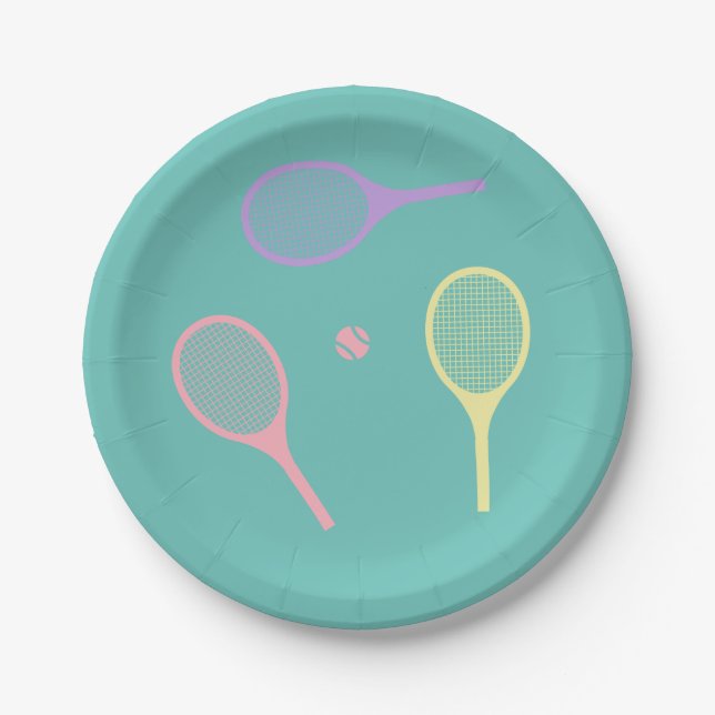 Pastel Tennis Rackets mit Tennisball auf Grün Pappteller (Vorderseite)