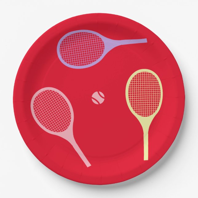 Pastel Tennis Rackets mit Tennisball auf Rot Pappteller (Vorderseite)