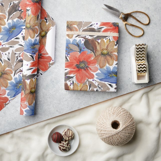Pastel Terracotta Blaue Flora Muster Geschenkpapier (Kunsthandwerk)
