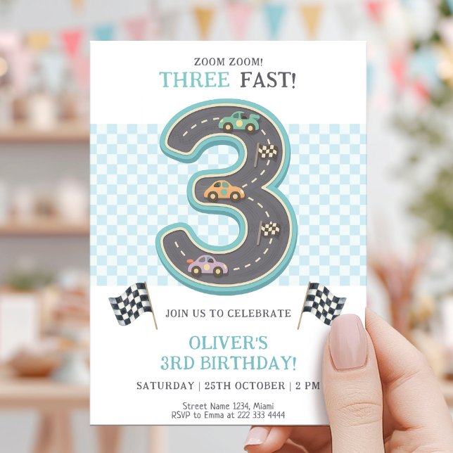Pastel Three Fast Birthday Race Einladung (Von Creator hochgeladen)