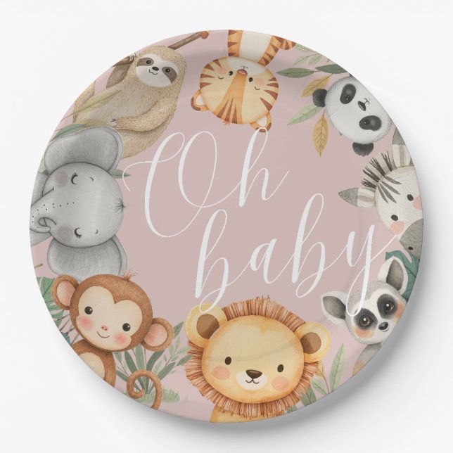 Pastel Tropical Baby Dusche Jungle Safari Tiere Pappteller (Vorderseite)