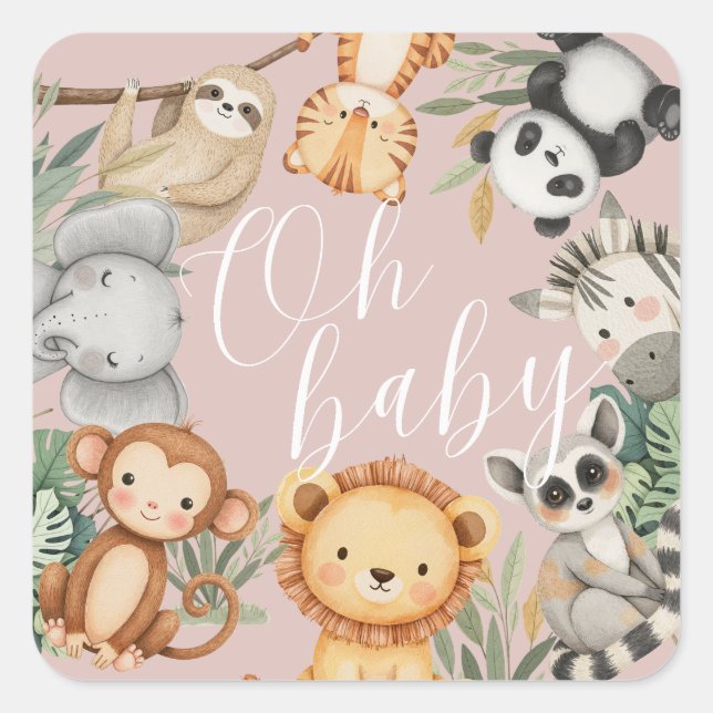 Pastel Tropical Baby Dusche Jungle Safari Tiere Quadratischer Aufkleber (Vorderseite)