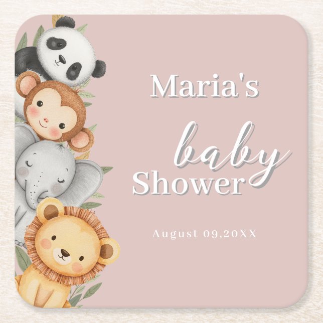 Pastel Tropical Baby Shower Jungle Safari Tiere Rechteckiger Pappuntersetzer (Vorderseite)