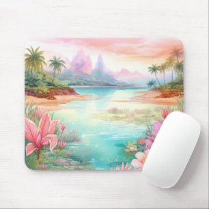 Pastel Tropical Island Beach Sunset Mountains Mousepad