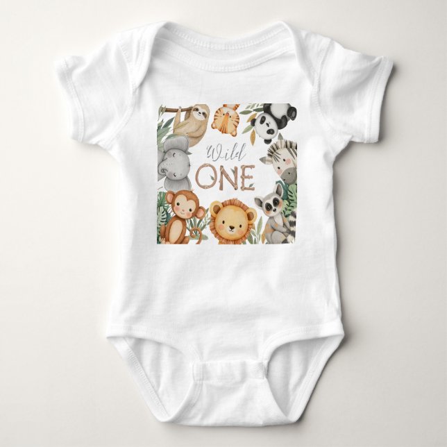 Pastel Tropical Wild One Jungle Safari Tiere Baby Strampler (Vorderseite)