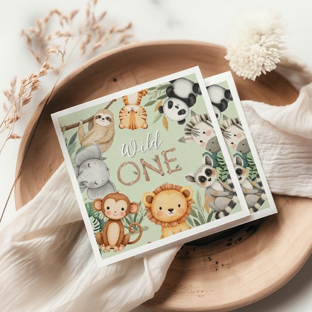 Pastel Tropical Wild One Jungle Safari Tiere Serviette (Von Creator hochgeladen)