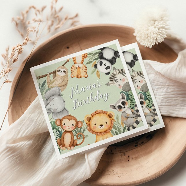 Pastel Tropical Wild One Jungle Safari Tiere Serviette (Von Creator hochgeladen)