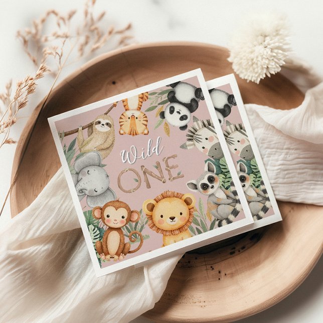 Pastel Tropical Wild One Jungle Safari Tiere Serviette (Von Creator hochgeladen)