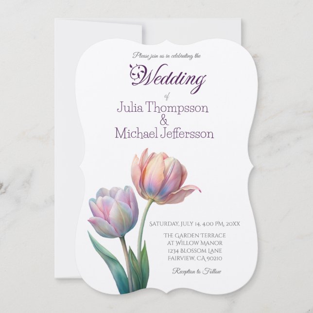 Pastel Tulip Wedding Suite Elegante Typografie Einladung (Vorderseite)