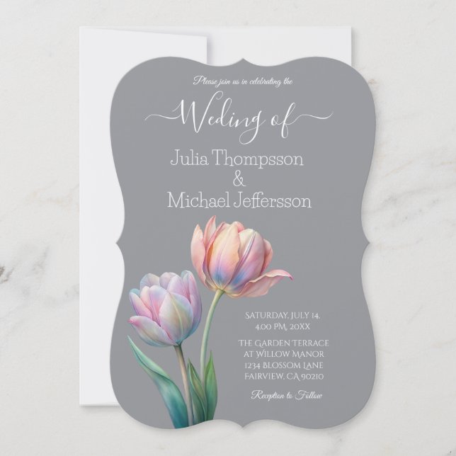 Pastel Tulip Wedding Suite Elegante Typografie Einladung (Vorderseite)