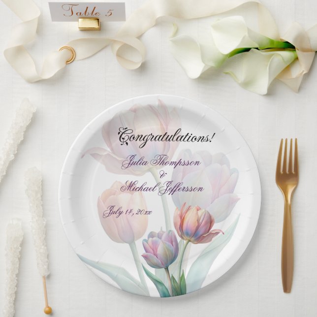 Pastel Tulip Wedding Suite Elegante Typografie Pappteller (Hochzeit)