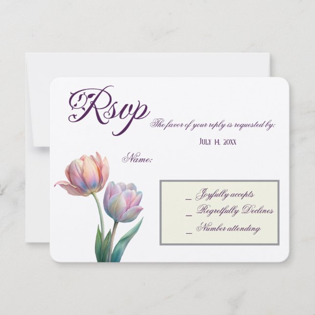 Pastel Tulip Wedding Suite Elegante Typografie RSVP Karte (Vorderseite)