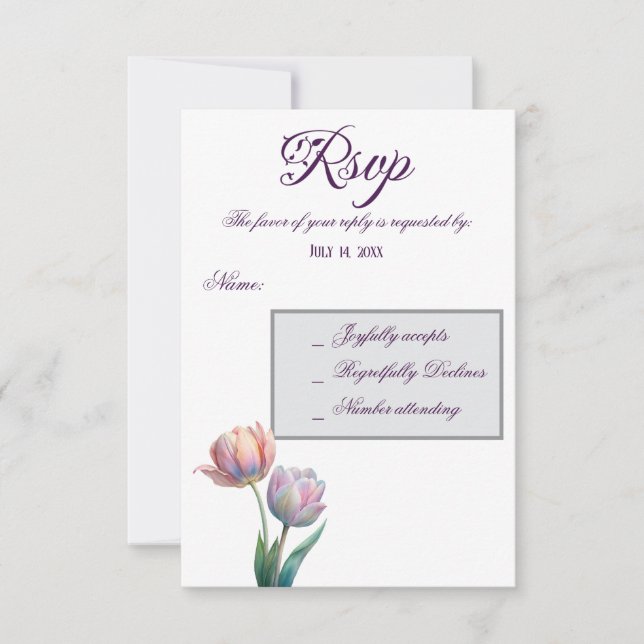 Pastel Tulip Wedding Suite Elegante Typografie RSVP Karte (Vorderseite)