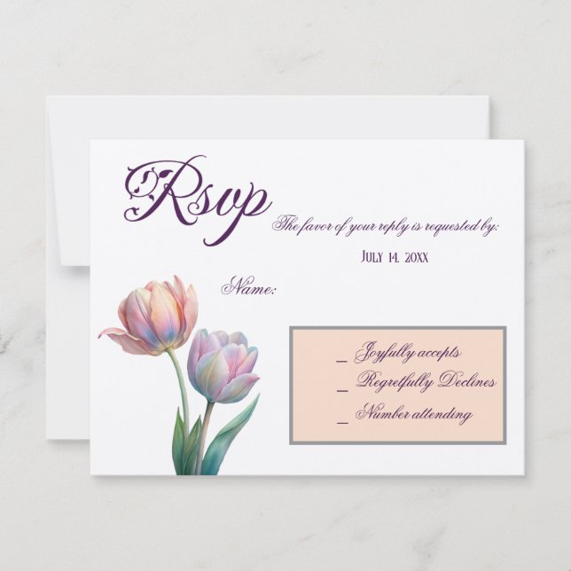 Pastel Tulip Wedding Suite Elegante Typografie RSVP Karte (Vorderseite)