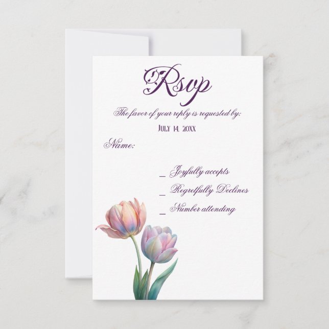 Pastel Tulip Wedding Suite Elegante Typografie RSVP Karte (Vorderseite)