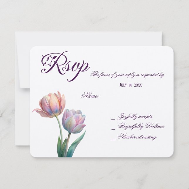 Pastel Tulip Wedding Suite Elegante Typografie RSVP Karte (Vorderseite)