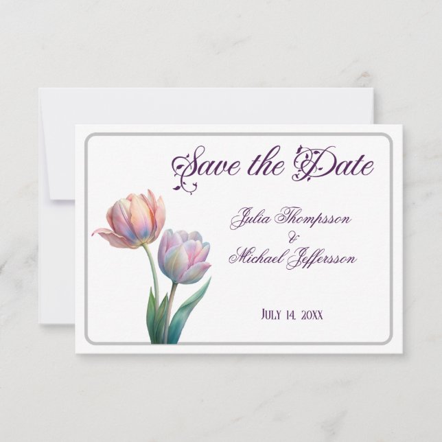 Pastel Tulip Wedding Suite Elegante Typografie Save The Date (Vorderseite)