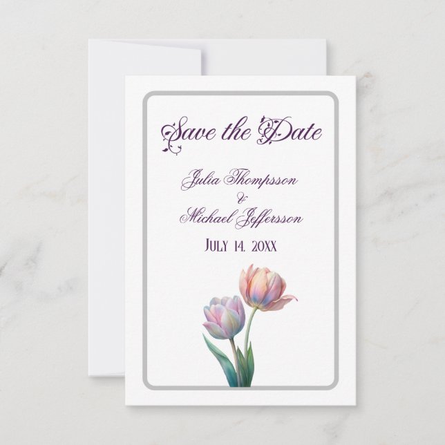 Pastel Tulip Wedding Suite Elegante Typografie Save The Date (Vorderseite)