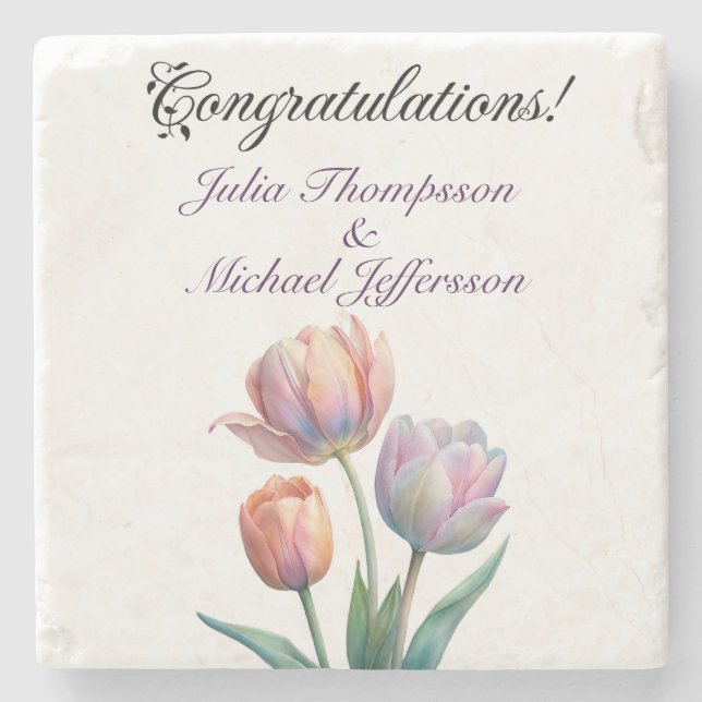 Pastel Tulip Wedding Suite Elegante Typografie Steinuntersetzer (Vorderseite)