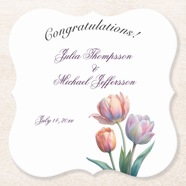 Pastel Tulip Wedding Suite Elegante Typografie Untersetzer (Vorderseite)