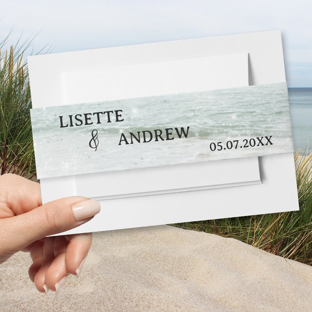 Pastel Turquoise Beach Wedding Einladungsbanderole (Elegant wedding invitation belly band featuring a painting of a beach  with sparkling lights)