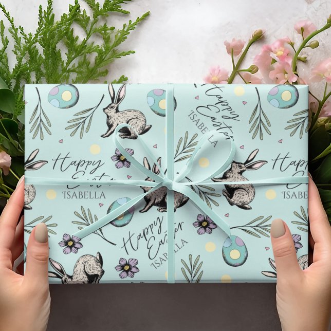 Pastel Turquoise Blue Happy Oaster Bunnies Geschenkpapier (Cute Turquoise Blue Happy Easter Wrapping Paper for Kids with Custom Name, Easter Bunnies & Eggs)