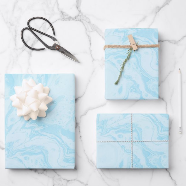 Pastel Turquoise Blue Marble Liquid Ink Muster Geschenkpapier Set (Vorderseite)