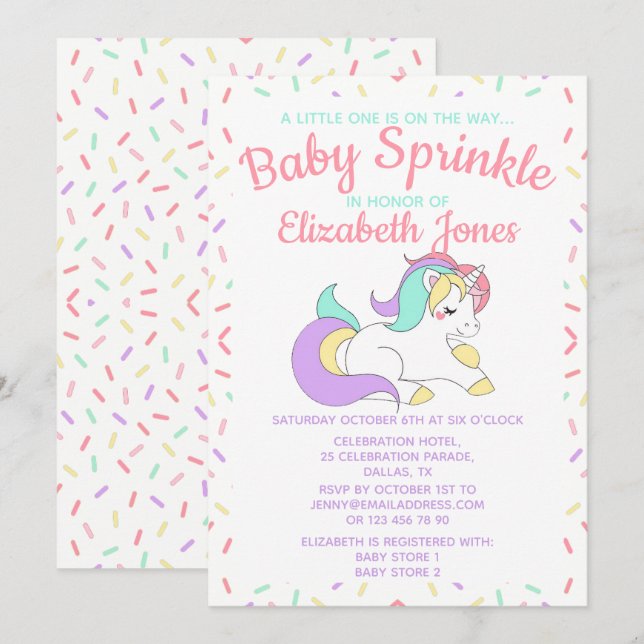 Pastel Unicorn Baby Sprinkle Einladung (Vorne/Hinten)