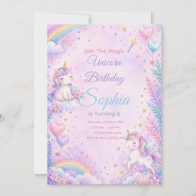 Pastel Unicorn Birthday Invitation Editable Einladung (Vorderseite)