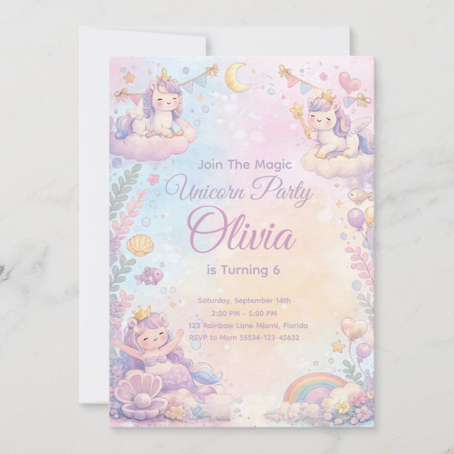 Pastel Unicorn Birthday Invitation Editable Einladung (Vorderseite)