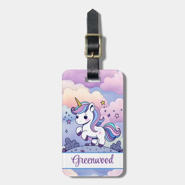 Pastel Unicorn, farbenfrohe Wolken, kundenspezifis Gepäckanhänger (Vorderseite vertikal)