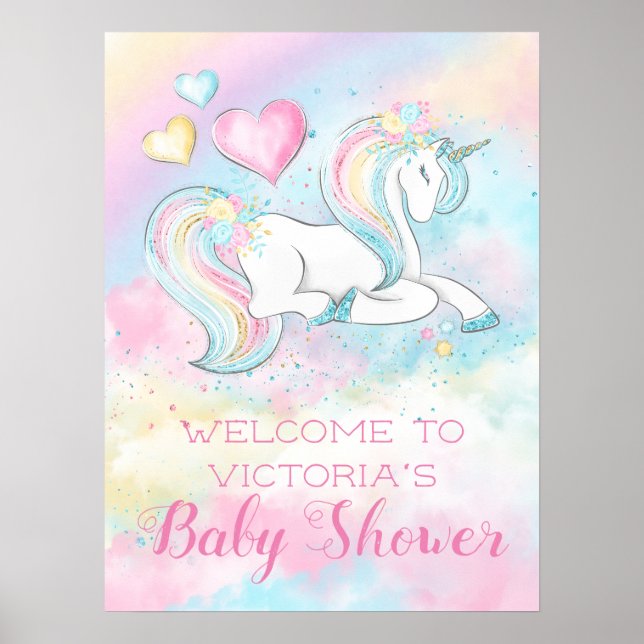 Pastel Unicorn Kinderdusche Einladungen Poster (Vorne)