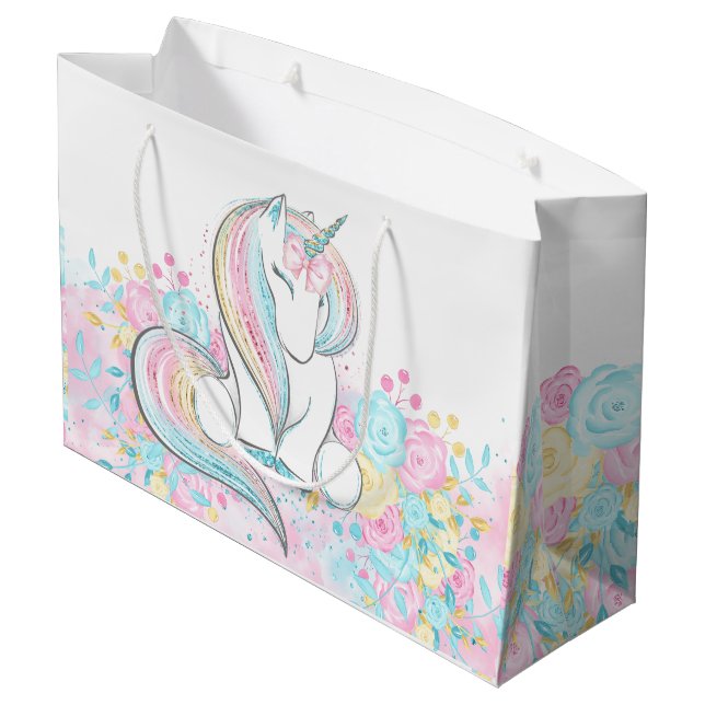 Pastel Unicorn Kinderdusche Große Geschenktüte (Rückseite Schrägansicht)
