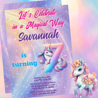 Pastel Unicorn Magical 7. Geburtstagsparty Einladung