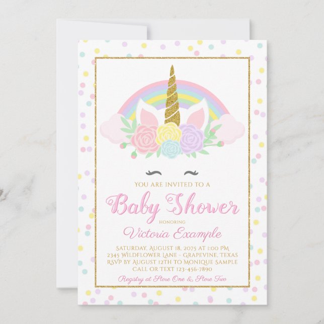 Pastel Unicorn Rainbow Baby Dusche Mädchen Einladu Einladung (Vorderseite)