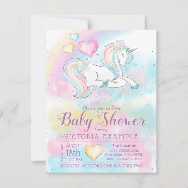 Pastel Unicorn Rainbow Girl Kinderdusche Einladung (Vorderseite)