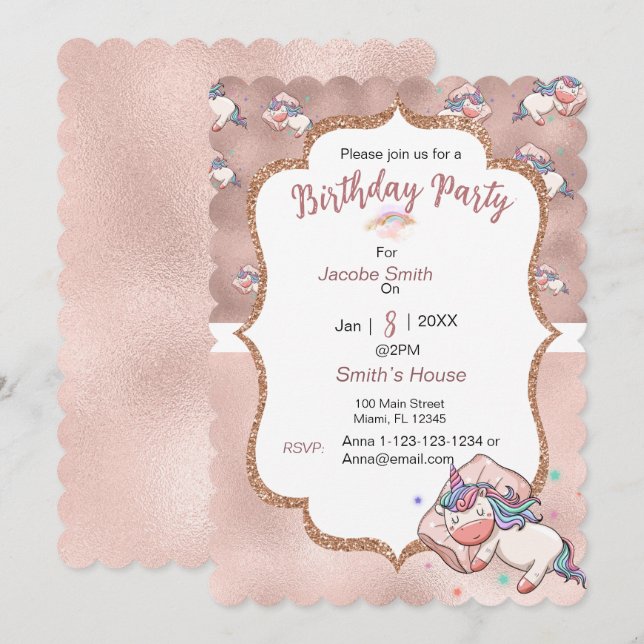 Pastel Unicorn schlafend Gruß Einladung (Vorne/Hinten)