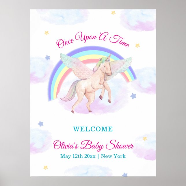 Pastel Unicorn Star Rainbow Baby Shower Welcome Poster (Vorne)
