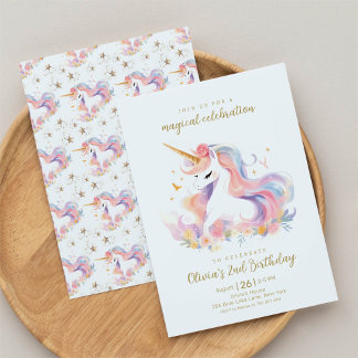 Pastel Unicorn und Regenbogen Magischer Geburtstag Einladung