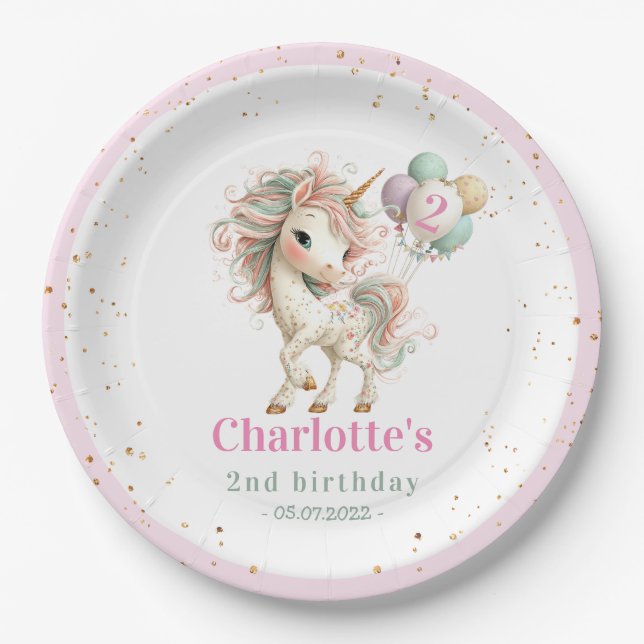 Pastel Unicorn with Balloons Birthday Pappteller (Vorderseite)
