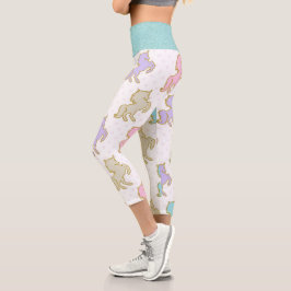 Pastel Unicorns Gold Glitzer Waist Band Capri Leggings
