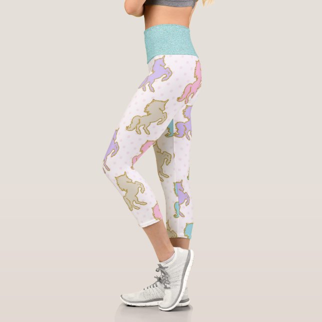 Pastel Unicorns Gold Glitzer Waist Band Capri Leggings (Links)