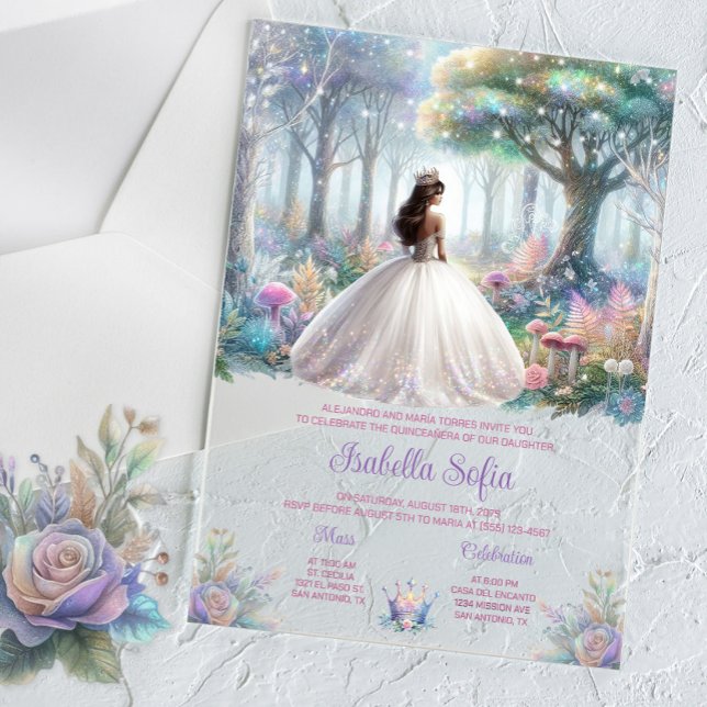 Pastel verzauberter Wald Quinceañera Acryleinladungen (Enchanted forest Quinceanera acrylic invitation and any occasion invite. Simply add your details.)