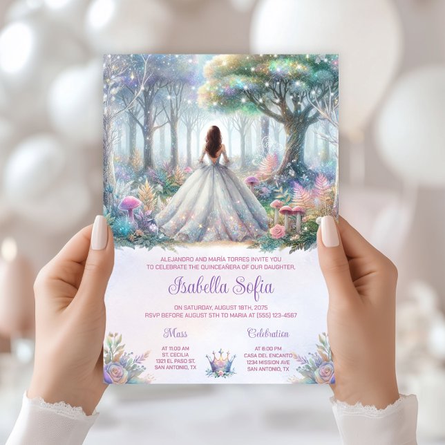 Pastel verzauberter Wald Quinceañera Einladung (Enchanted forest invitation with beautiful back view. All text can be changed as needed.)