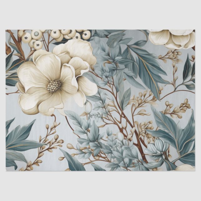 Pastel Vintag Inspiriert Winter Blue Floral Seidenpapier (Vorderseite)