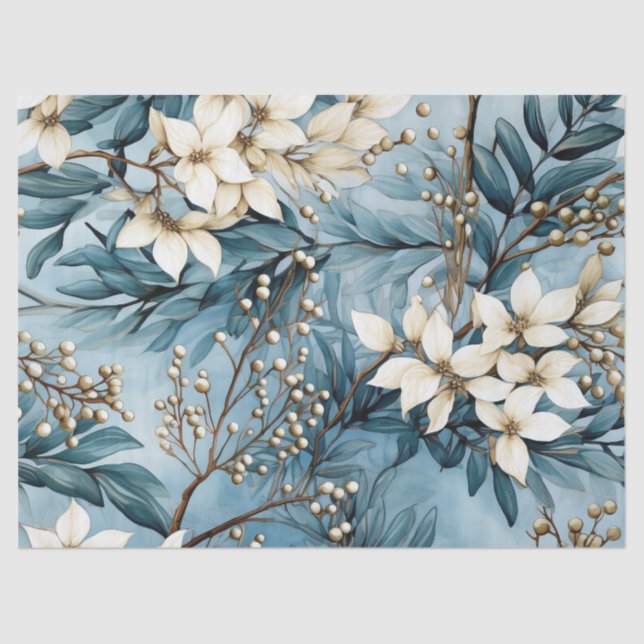 Pastel Vintag Inspiriert Winter Blue Floral Seidenpapier (Vorderseite)