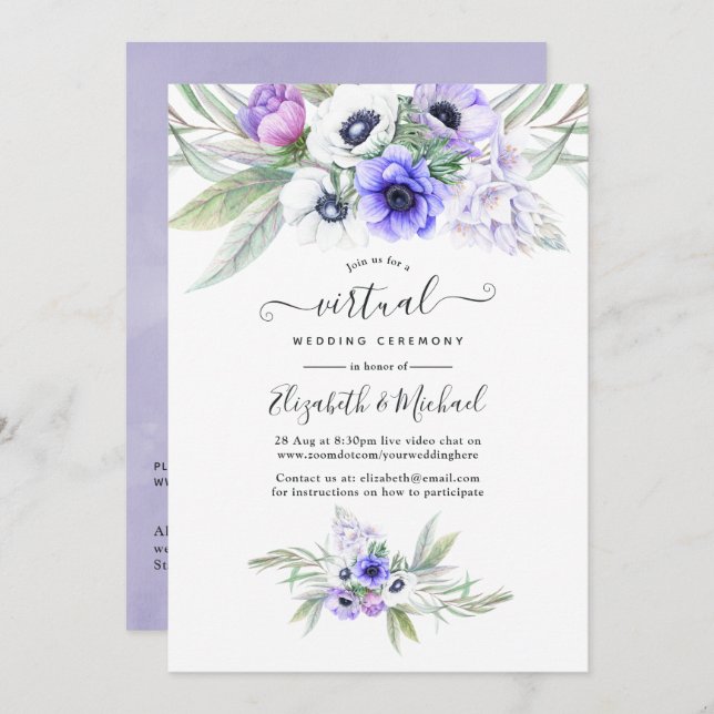 Pastel Violet Floral Online Virtual Wedding Einladung (Vorne/Hinten)