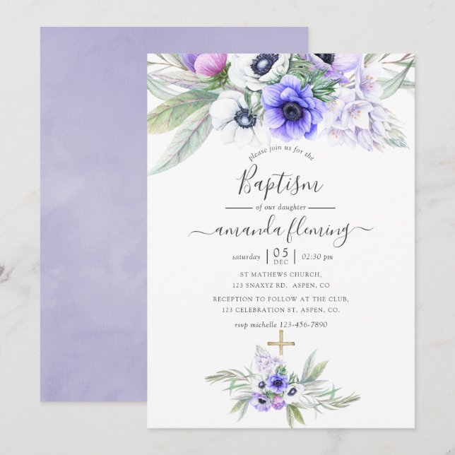 Pastel Violet Floral Taufe Einladung (Vorne/Hinten)