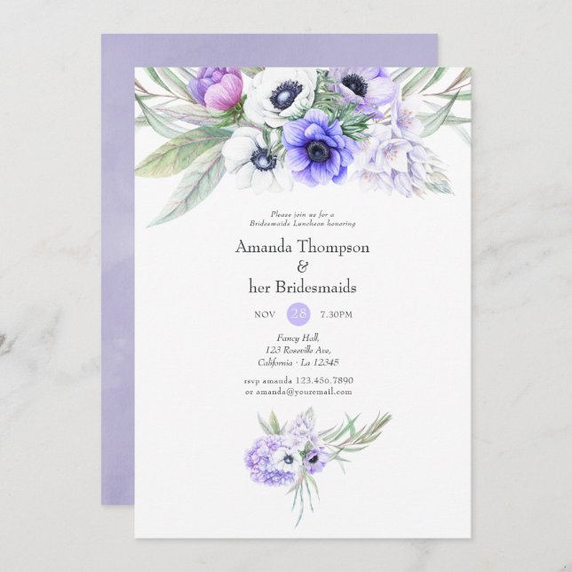 Pastel Violet Floral Wedding Bridesmaids Luncheon Einladung (Vorne/Hinten)