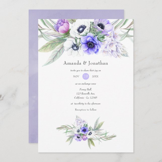 Pastel Violet Floral Wedding Einladung (Vorne/Hinten)